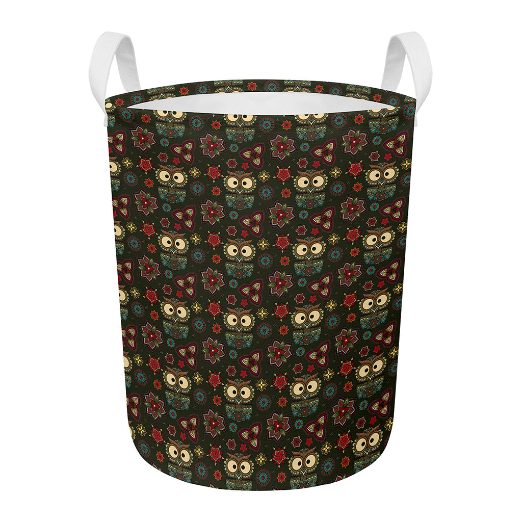 Cute Boho Owl Pattern Print Round Laundry Basket