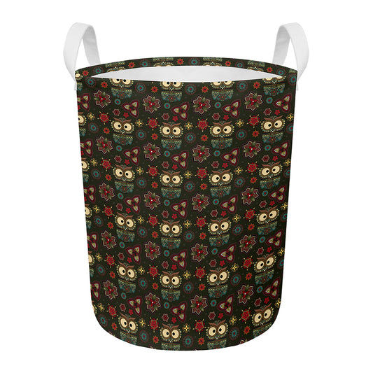 Cute Boho Owl Pattern Print Round Laundry Basket