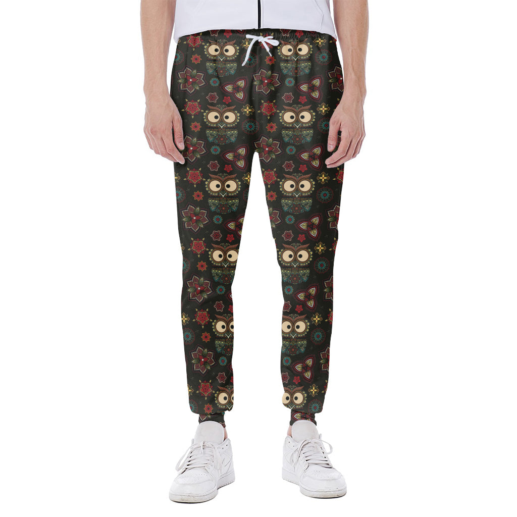 Cute Boho Owl Pattern Print Scuba Joggers