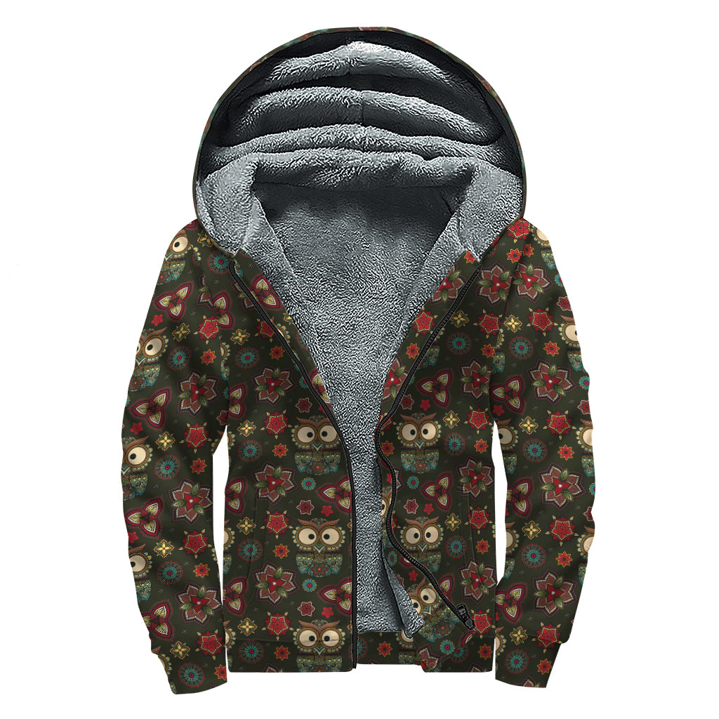 Cute Boho Owl Pattern Print Sherpa Lined Zip Up Hoodie