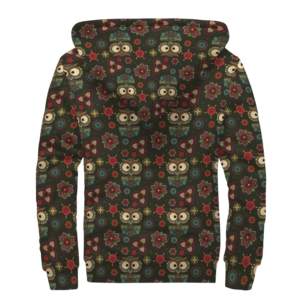 Cute Boho Owl Pattern Print Sherpa Lined Zip Up Hoodie