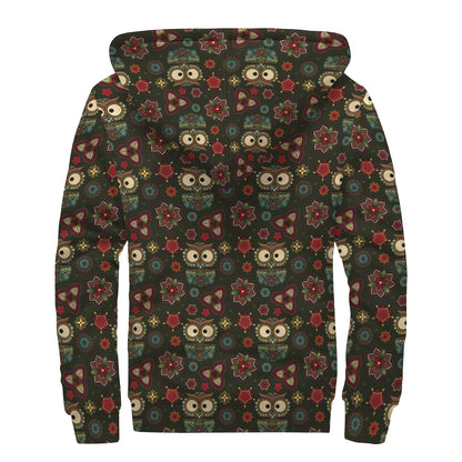 Cute Boho Owl Pattern Print Sherpa Lined Zip Up Hoodie