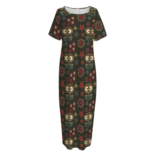 Cute Boho Owl Pattern Print Short Sleeve Long Nightdress