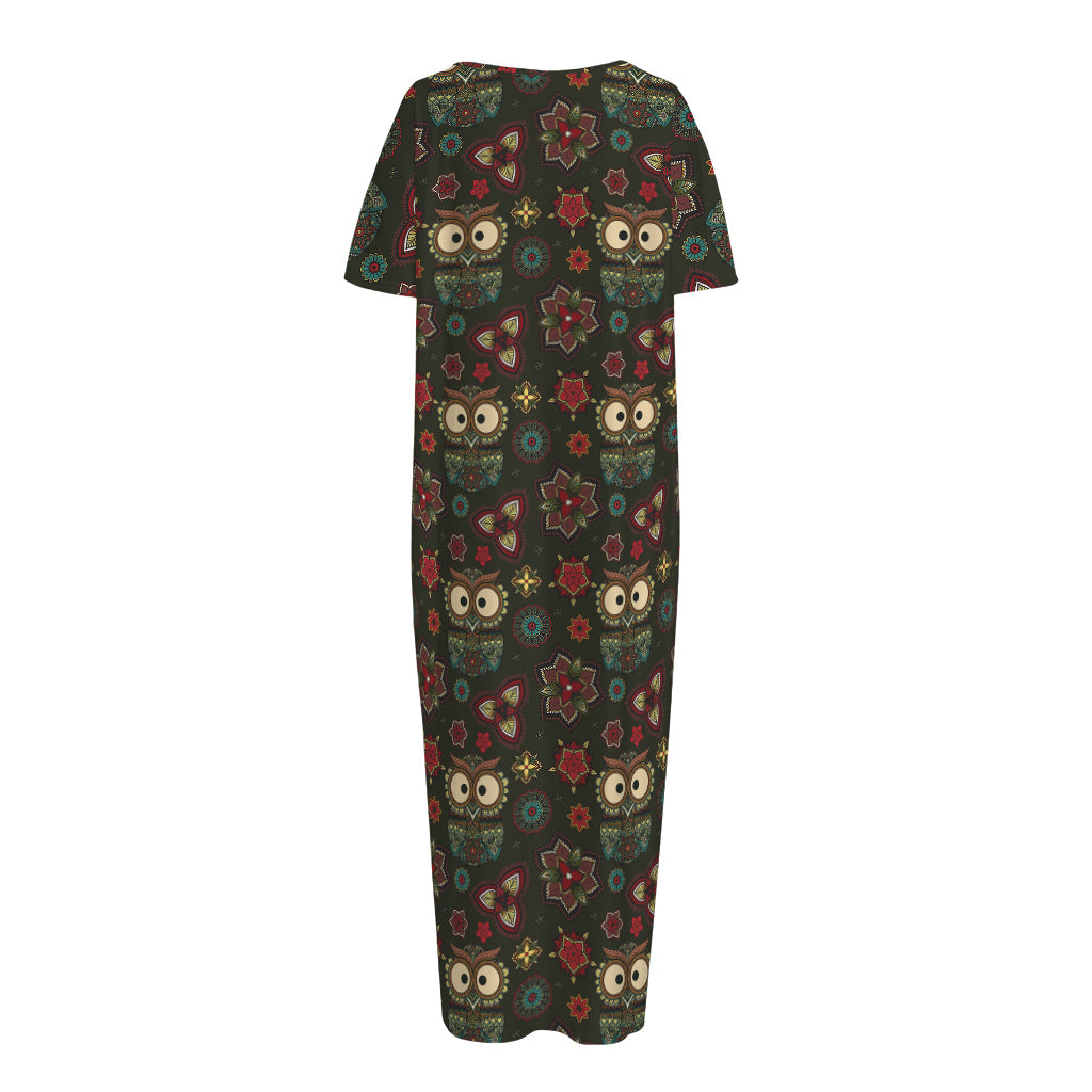 Cute Boho Owl Pattern Print Short Sleeve Long Nightdress