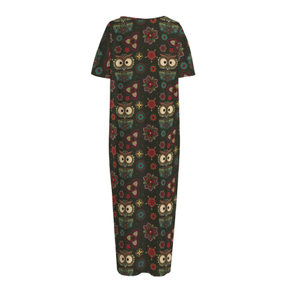 Cute Boho Owl Pattern Print Short Sleeve Long Nightdress
