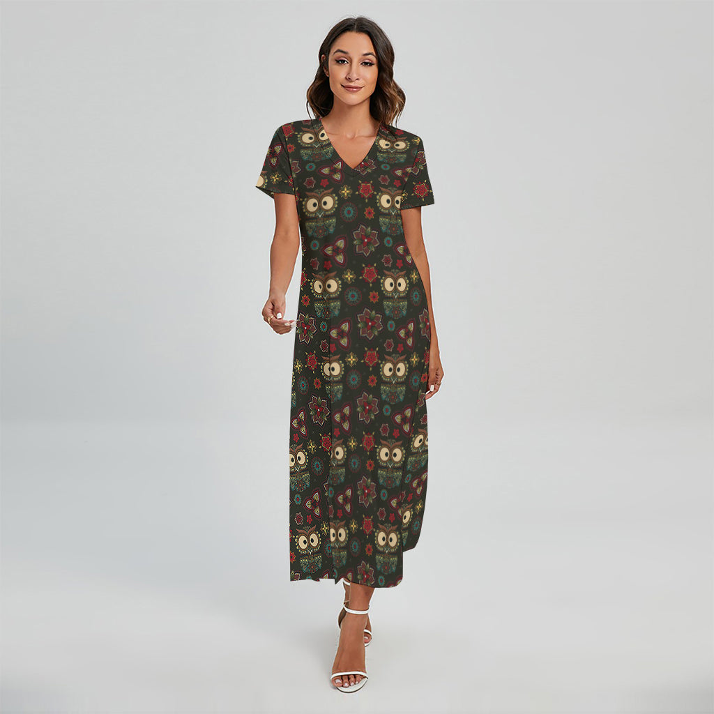 Cute Boho Owl Pattern Print Short Sleeve Maxi Dress