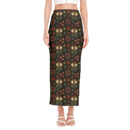 Cute Boho Owl Pattern Print Side Slit Maxi Skirt
