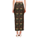 Cute Boho Owl Pattern Print Side Slit Maxi Skirt