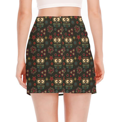 Cute Boho Owl Pattern Print Side Slit Mini Skirt