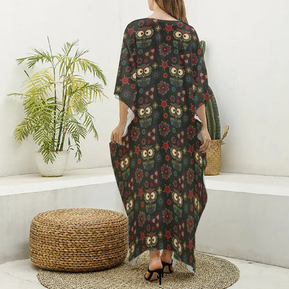 Cute Boho Owl Pattern Print Silk V-Neck Kaftan Dress
