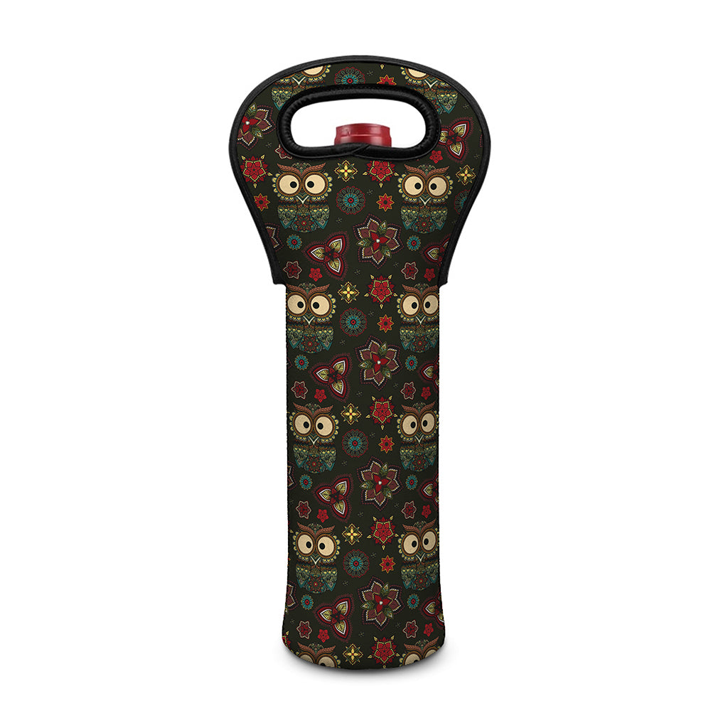 Cute Boho Owl Pattern Print Single Neoprene Wine Tote