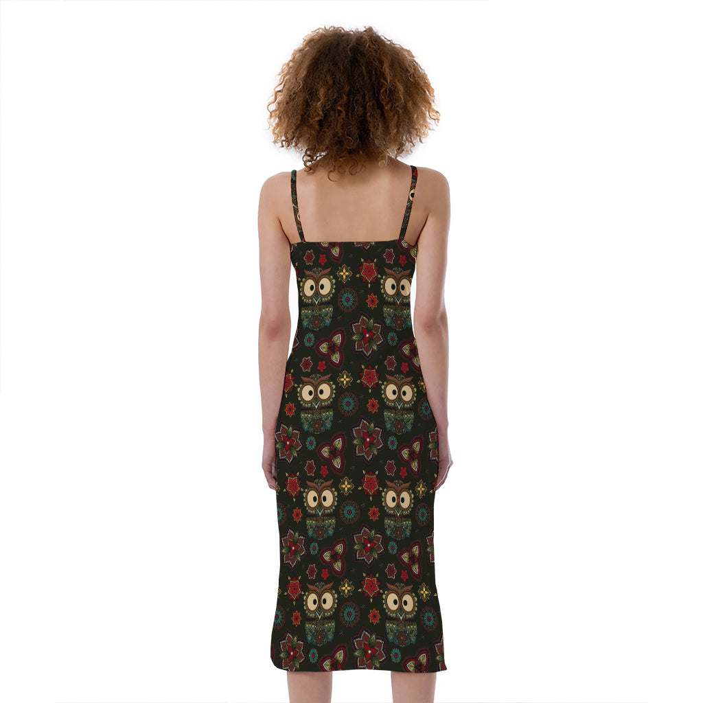 Cute Boho Owl Pattern Print Slim Fit Midi Cami Dress