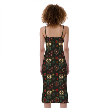 Cute Boho Owl Pattern Print Slim Fit Midi Cami Dress