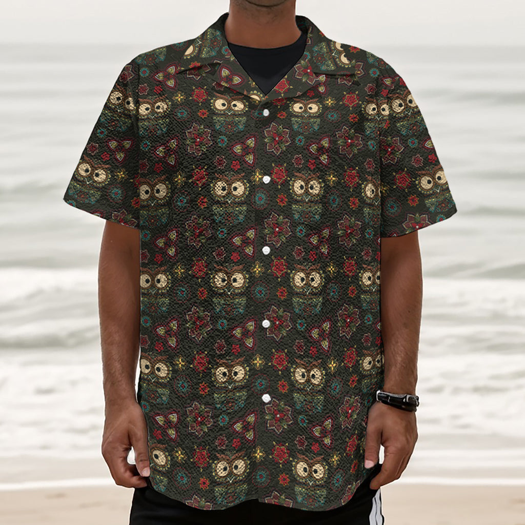 Cute Boho Owl Pattern Print Textured Short Sleeve Shirt