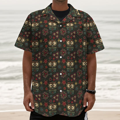 Cute Boho Owl Pattern Print Textured Short Sleeve Shirt