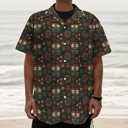 Cute Boho Owl Pattern Print Textured Short Sleeve Shirt