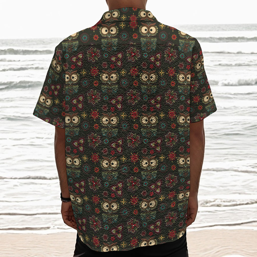 Cute Boho Owl Pattern Print Textured Short Sleeve Shirt