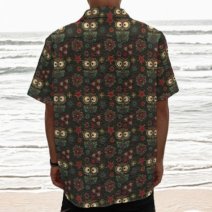 Cute Boho Owl Pattern Print Textured Short Sleeve Shirt