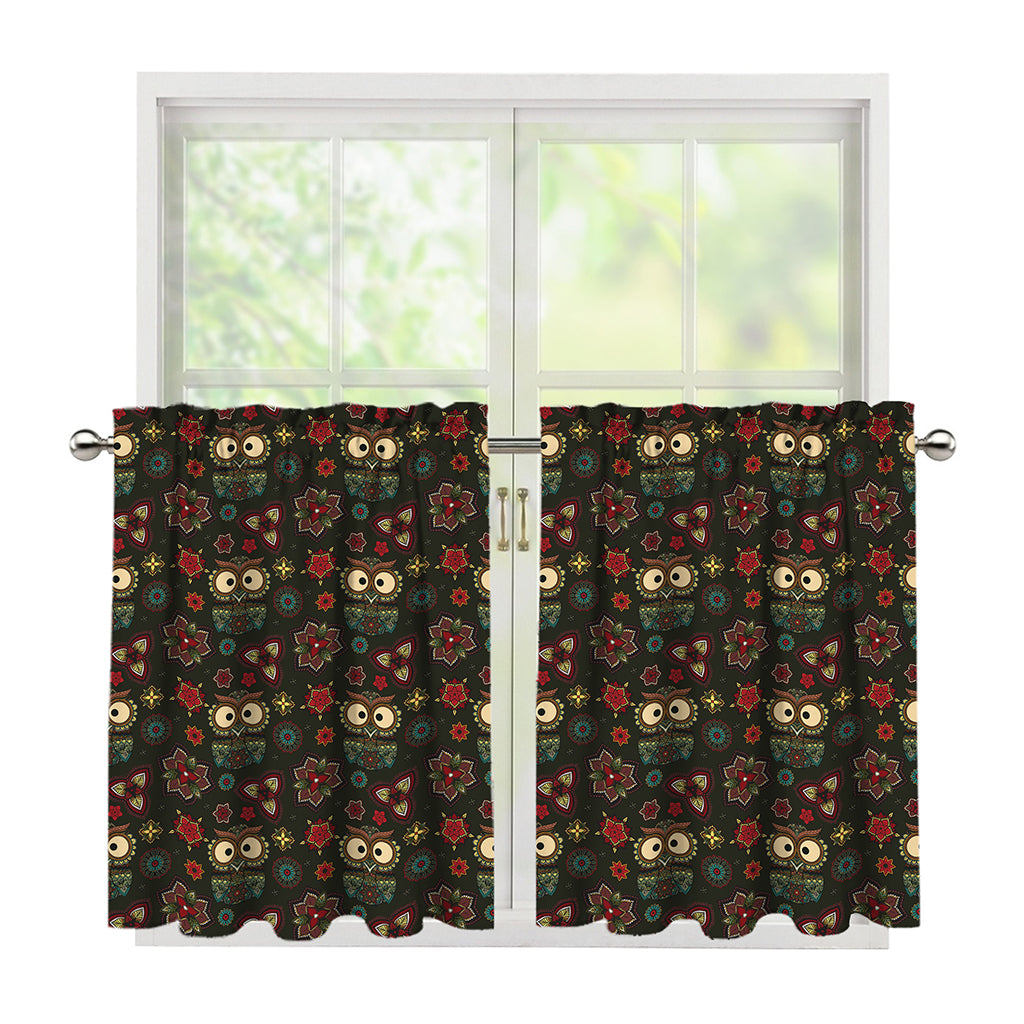 Cute Boho Owl Pattern Print Tier Curtains