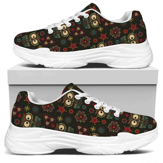 Cute Boho Owl Pattern Print White Chunky Shoes