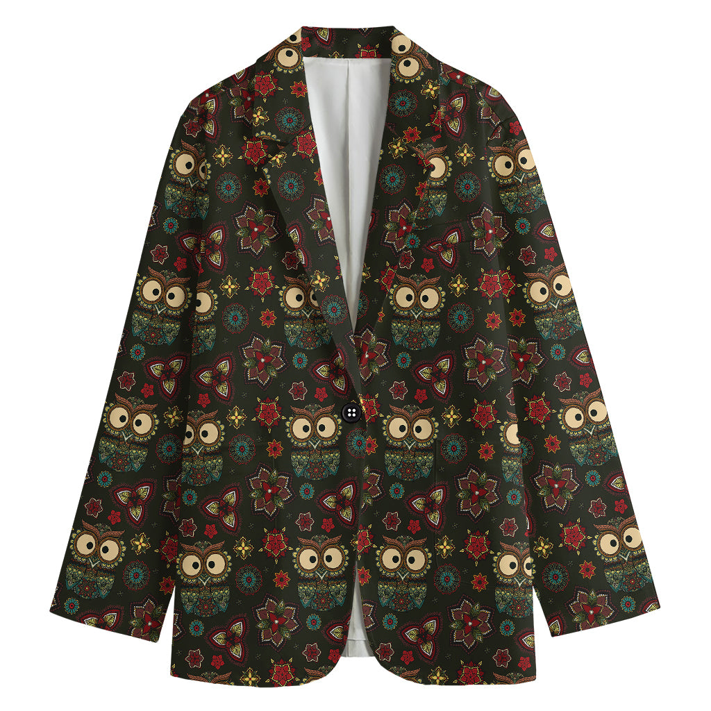 Cute Boho Owl Pattern Print Women's Blazer