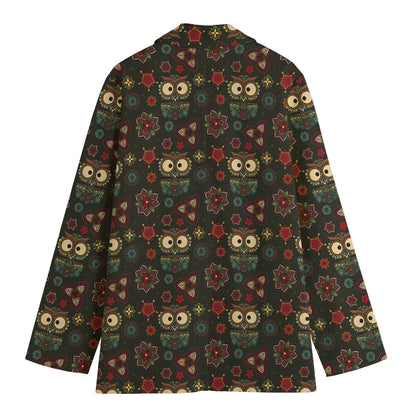 Cute Boho Owl Pattern Print Women's Cotton Blazer