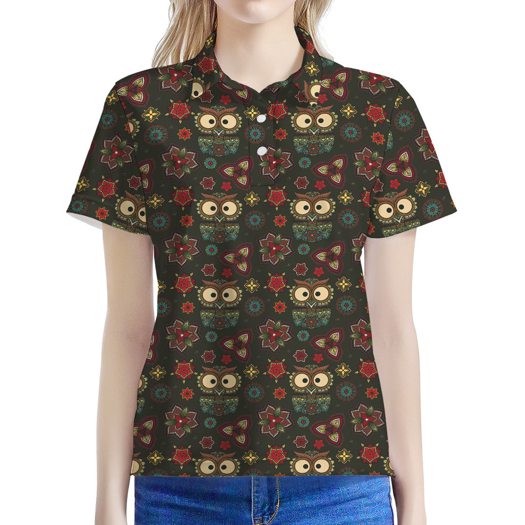 Cute Boho Owl Pattern Print Women's Polo Shirt