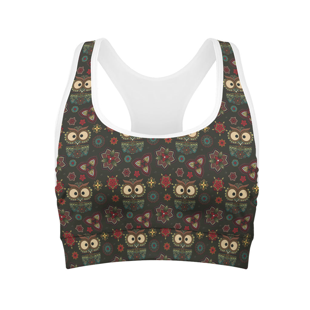 Cute Boho Owl Pattern Print Women's Sports Bra