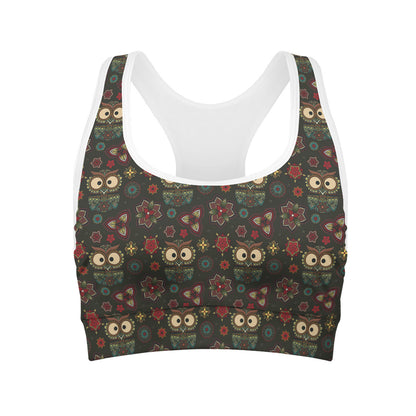 Cute Boho Owl Pattern Print Women's Sports Bra