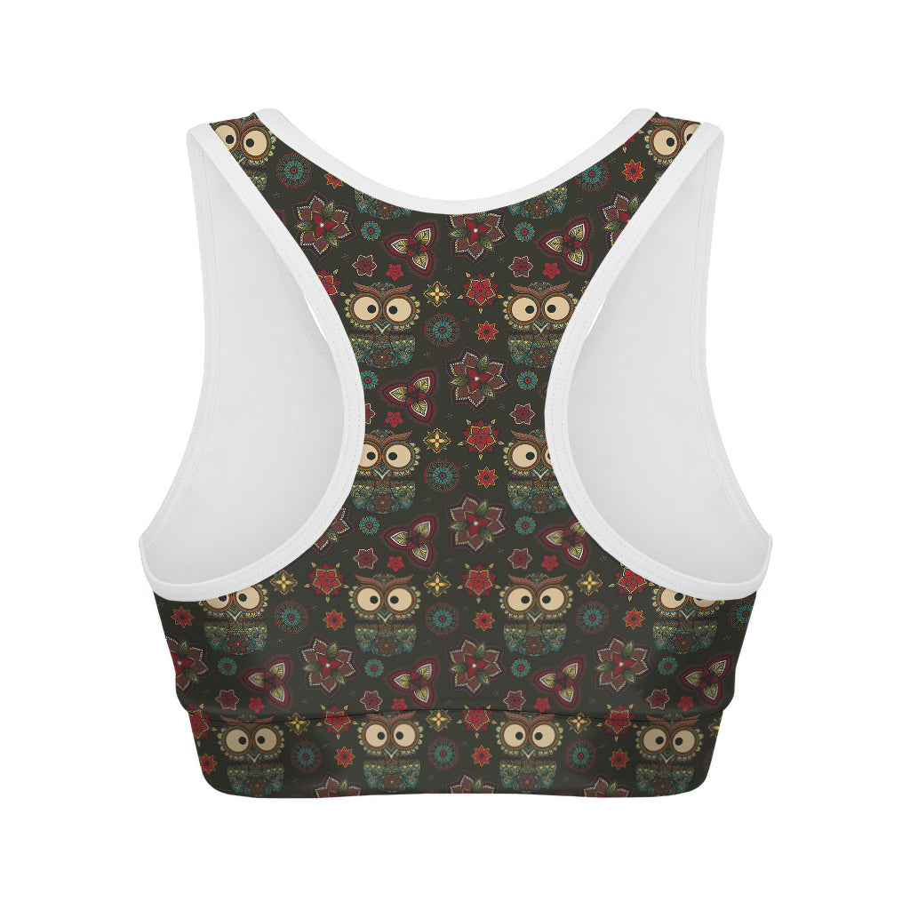 Cute Boho Owl Pattern Print Women's Sports Bra