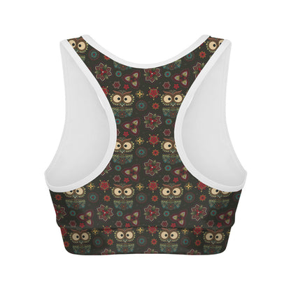 Cute Boho Owl Pattern Print Women's Sports Bra