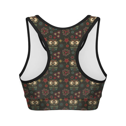 Cute Boho Owl Pattern Print Women's Sports Bra