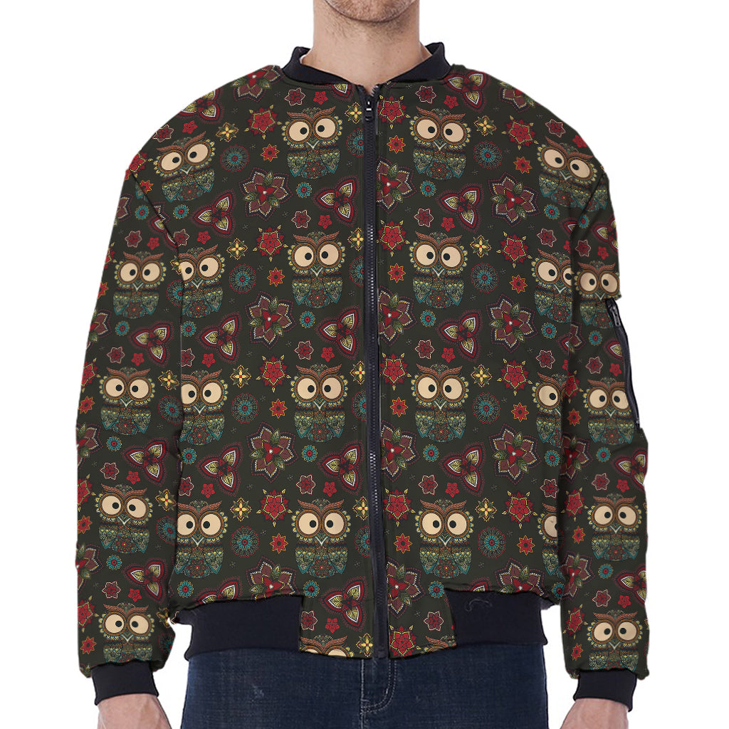 Cute Boho Owl Pattern Print Zip Sleeve Bomber Jacket