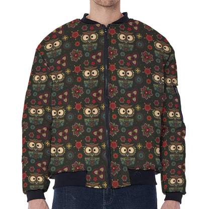Cute Boho Owl Pattern Print Zip Sleeve Bomber Jacket