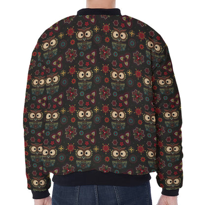 Cute Boho Owl Pattern Print Zip Sleeve Bomber Jacket