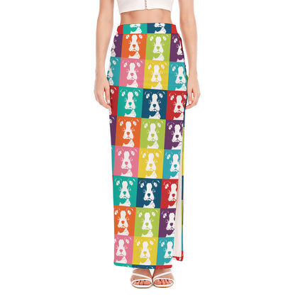 Cute Boston Terrier Faces Print High Slit Maxi Skirt