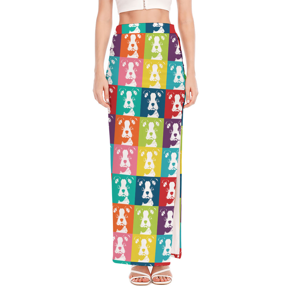 Cute Boston Terrier Faces Print High Slit Maxi Skirt