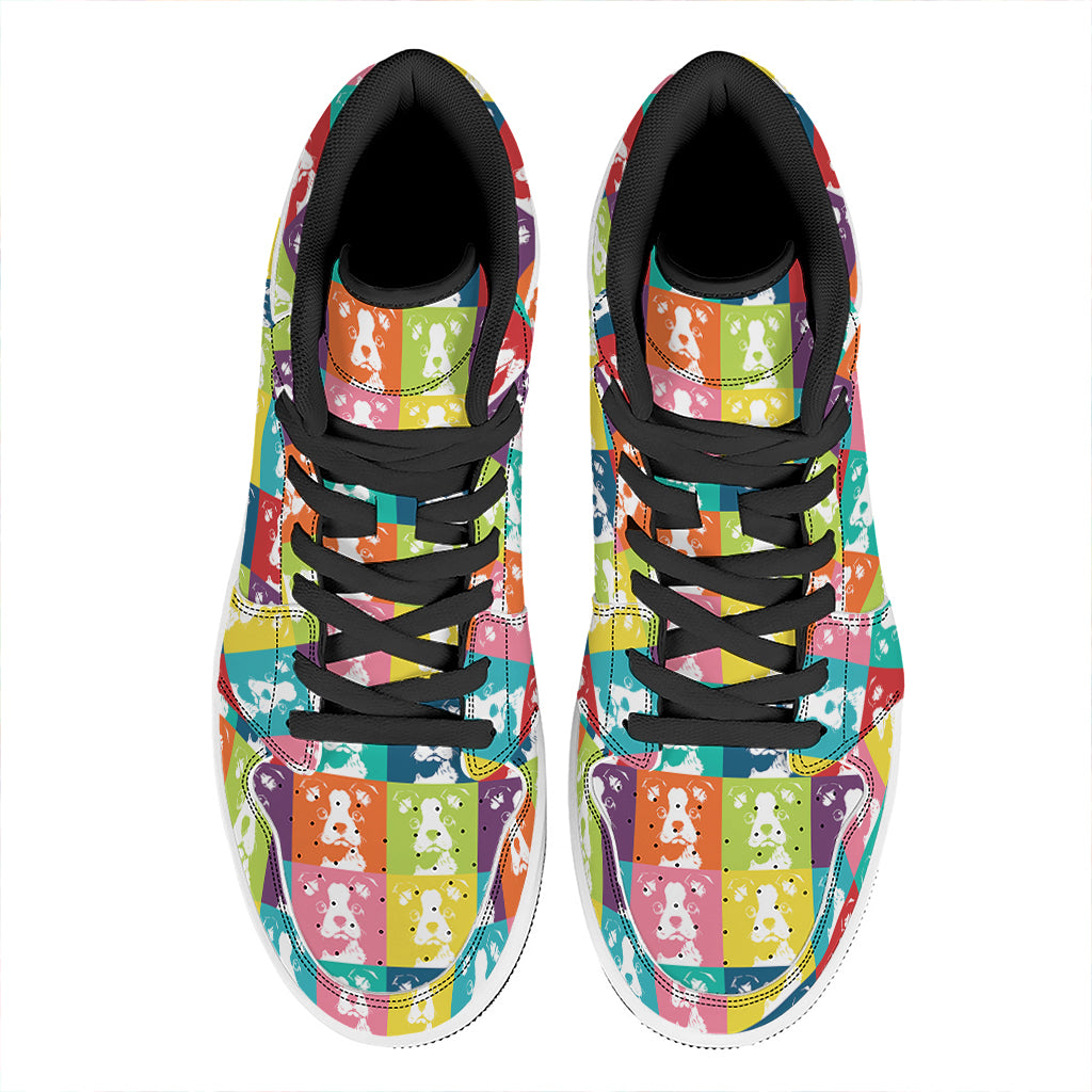 Cute Boston Terrier Faces Print High Top Leather Sneakers