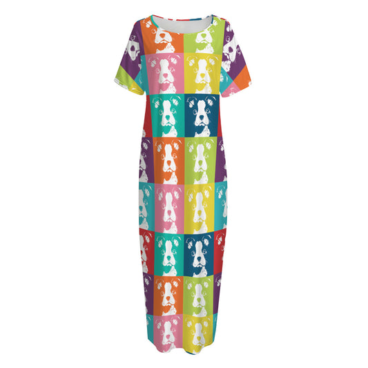 Cute Boston Terrier Faces Print Short Sleeve Long Nightdress