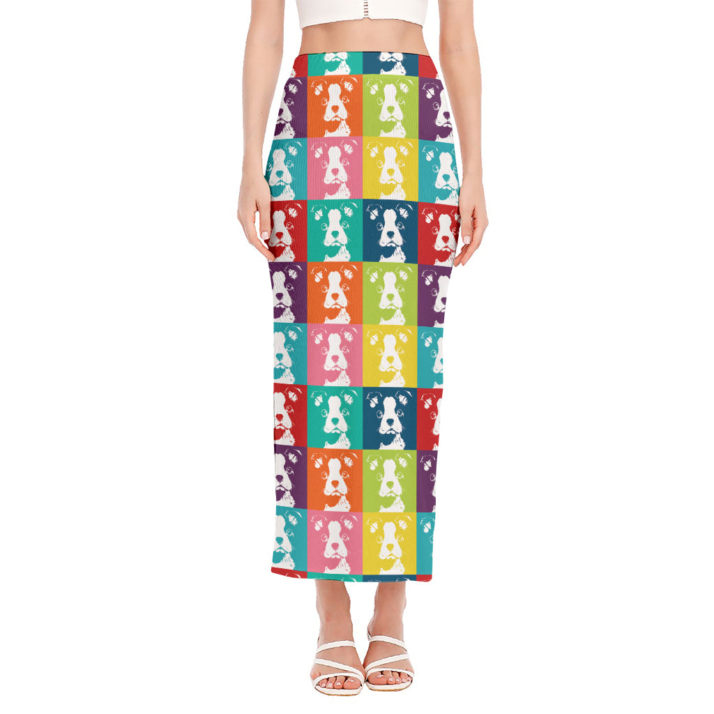 Cute Boston Terrier Faces Print Side Slit Maxi Skirt