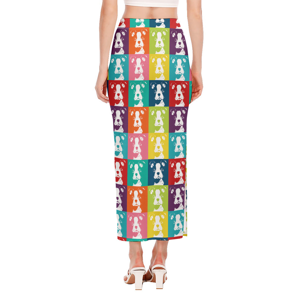 Cute Boston Terrier Faces Print Side Slit Maxi Skirt