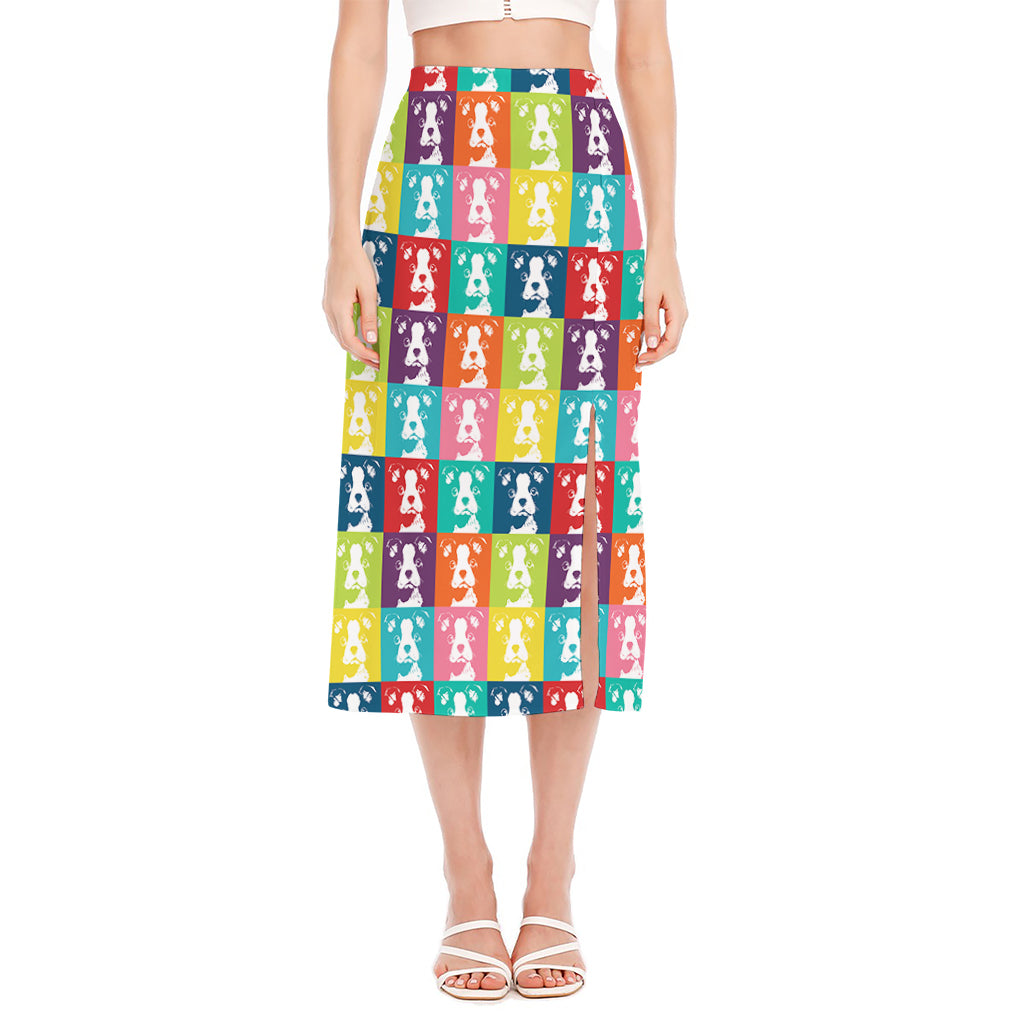 Cute Boston Terrier Faces Print Side Slit Midi Skirt