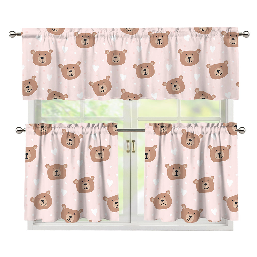 Cute Brown Bear Pattern Print 3 Piece Kitchen Curtains