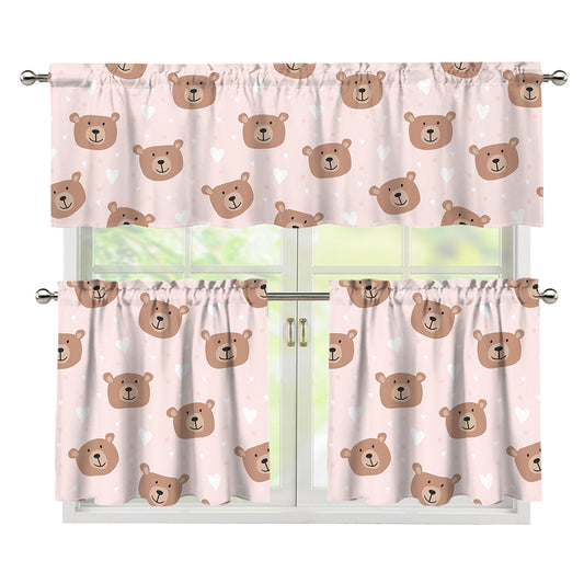 Cute Brown Bear Pattern Print 3 Piece Kitchen Curtains