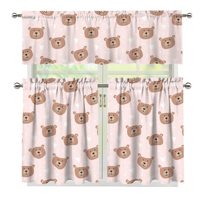 Cute Brown Bear Pattern Print 3 Piece Kitchen Curtains