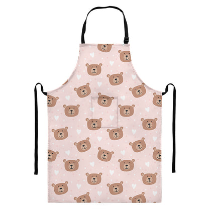 Cute Brown Bear Pattern Print Bib Apron With Pocket