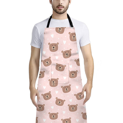Cute Brown Bear Pattern Print Bib Apron With Pocket