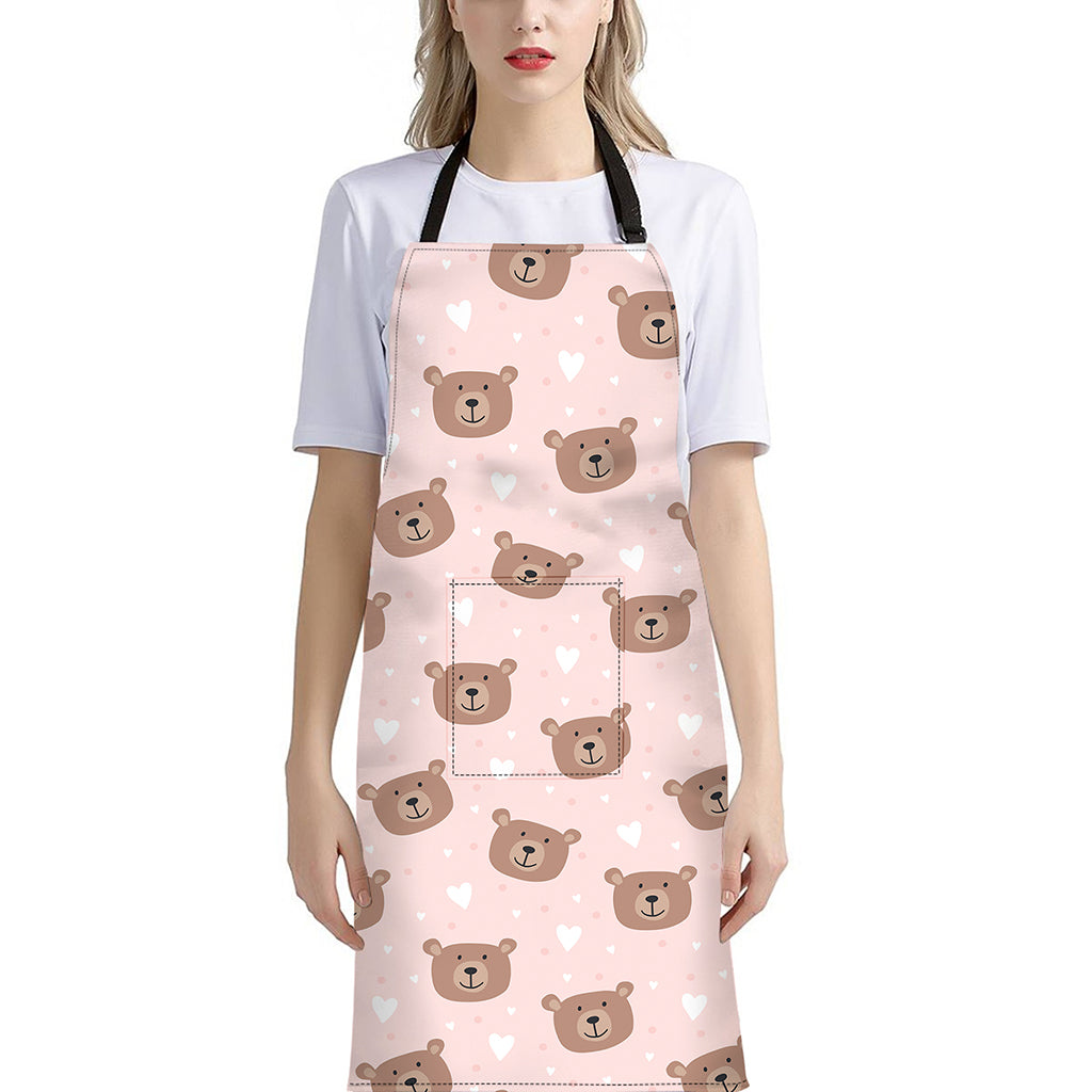 Cute Brown Bear Pattern Print Bib Apron With Pocket