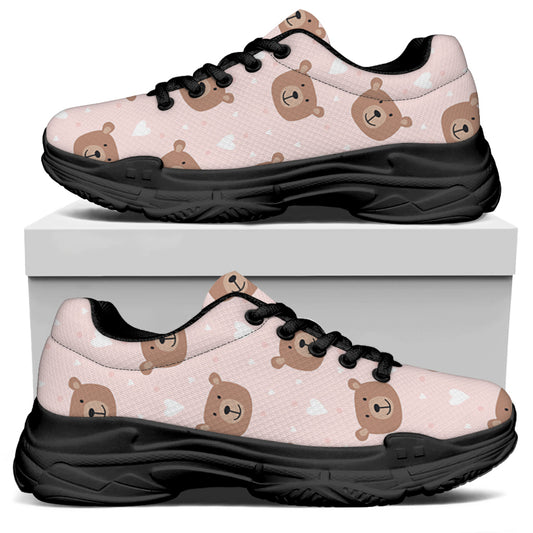 Cute Brown Bear Pattern Print Black Chunky Shoes