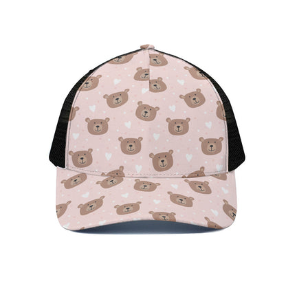Cute Brown Bear Pattern Print Black Mesh Trucker Cap